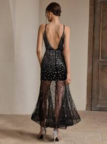 Anewsta 全新优雅露背细肩带 V 领派对鸡尾酒会连衣裙，适合女士，朴素，喜庆，夏季 - 黑色 - 查看 2