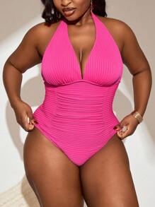 SHEIN Swim Curve Plus Size 1pc V-Neck Textured Fuchsia Pink Casual Simple One-Piece Swimsuit For Women, Summer Beach Vacation - Hot Pink - View 1
