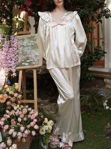 Bộ đồ ngủ lụa giả cổ Peter Pan viền bèo nhún trang trí nơ cổ điển phong cách cung điện cổ điển - Màu be - Xem 5