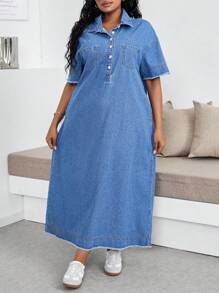 SHEIN Lady Plus Size Long Denim Casual Short Sleeve Dress, Blue Summer Vacation Outfits Woman 90s Clothes Spring Outfits For Women Y2k Clothes Cowgirl Outfits For Women Rave Spring Break Outfits Going Out Outfits Streetwear 2000s Style Concert Outfits Old Money Vegas Night Outfit Festival Outfits For Women Rave Outfits Festival Easter Women Birthday Outfits For Women Beach Outfits For Woman Boho Ibiza Fits Festival Outfits For Women - Blue - View 3