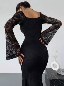 Firerie 女士心形领喇叭袖胸罩杯合身长款蕾丝浪漫约会白色美人鱼连衣裙，春夏装，情人节 - 黑色 - 查看 2