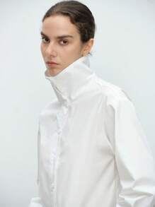 Aalyst Women's Fashion Casual Commute Elegant Long Sleeve Lapel Open Front Solid Color 100% Cotton Shirt - White - View 5