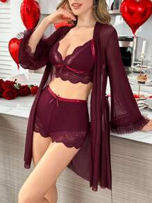 SilkySpell 3pcs Lace Splice Sexy Camisole Shorts + 3D Trim Wide Sleeve Mesh Robe Set - Maroon - View 1