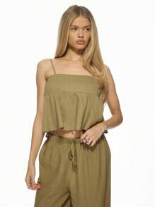 MISSGUIDED Linen Peplum Cami Top Summer Casual Flowy Tank Cropped Sleeveless Ruffle Holiday Beach Resort Wear Lightweight Breathable Fashion Christmas