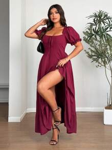 Breezaya Vestido midi elegante con volantes en el bajo y nudo delantero para mujer de talla grande de unicolor