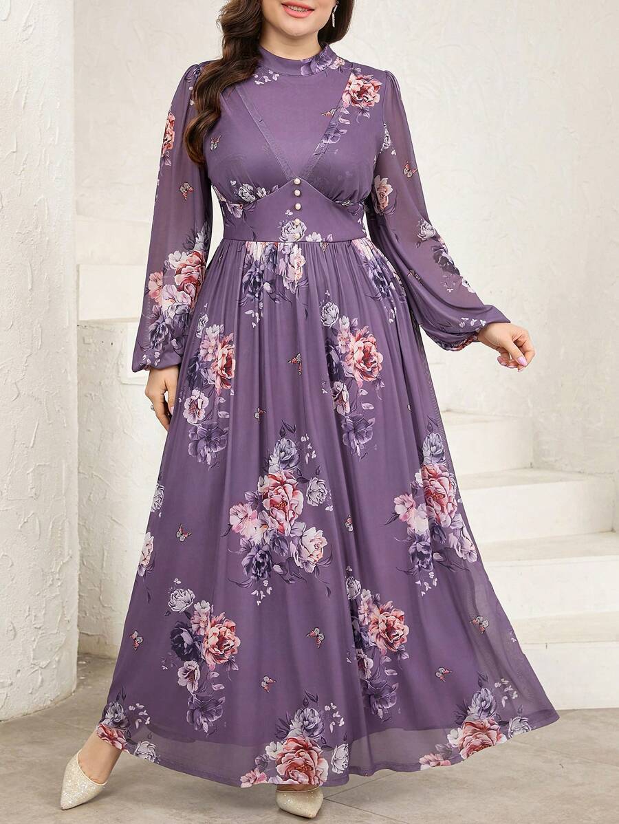 Veilorie Plus Size Women's Elegant Floral Print Long Arabian Style Dress - Dusty Purple - View 1