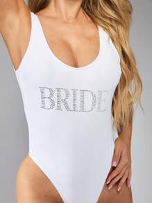 MISSGUIDED Bridal Swimsuit One Piece Rhinestone Text Wedding Beach Honeymoon Scoop Neck Tank Style Bathing Suit Bachelorette Party Swim - White - View 3
