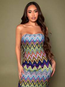 SHEIN SXY Sexy Retro Wavy Striped Print Bandeau Dress