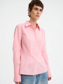 Aalyst Women's Long Sleeve Plain Cotton Shirt With Lapel & Ruffle Design, Slim Waist, Autumn/Winter
