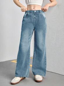 Tween Girls Light Washed Relaxed Straight Leg Jeans, Casual & Versatile Minimalist Design, Suitable For Daily Wear - Medium Wash - View 5