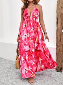 SHEIN VCAY Plus Size Floral Print Spaghetti Strap Backless Dress - Multicolor - View 1