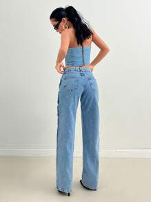 EURMUSE WOMEN STRAIGHT LOW WAIST JEANS - Medium Wash - View 2