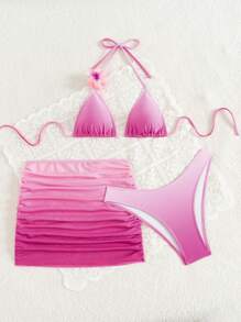 Swim SXY 3pcs Elegant, Sweet And Sexy Beach Gradient Halter Pink Bikini Set With Chiffon Skirt Swimwear, Beach Clothes Outfit For Summer Vacation, Ibiza Outfit - Pink - View 5