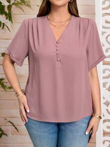 EMERY ROSE Plus Size Solid Color Short Sleeve Shirt, Minimalist Fashion Casual Everyday,Suitable For Summer,Summer Outfits For Women