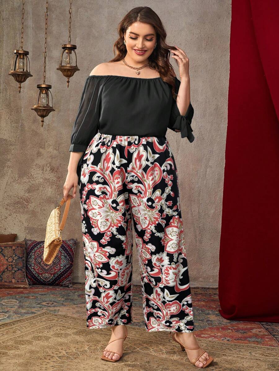 SHEIN VCAY Plus Size 2Pcs Set: Solid Color Off Shoulder Top And Floral Print Pants, Casual Vacation Outfit - Pink - View 1