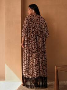 Swim Oasis Plus Size Women's Floral & Leopard Print Lightweight Mesh Cover Up Kimono For Summer Beach Vacation & Casual Holiday Wear