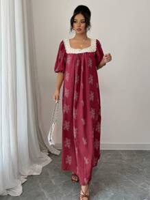 Mulvari Women Contrast Color Lace Patchwork Embroidery Arabian Dress - Red - View 4