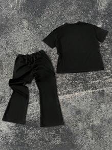 Manfinity EMRG 2pcs Men's Casual Letter & Pentagram Print Short Sleeve T-Shirt And Pants Set,Men Two Pieces Outfits,Men Tracksuit,Gothic Style Graphic,Boy Friend Gift