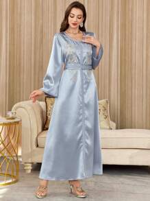 Al Najma Váy suông rộng rãi thêu sequin trang trí, Kaftan & Jalabiya, Váy dạ hội sang trọng dành cho phụ nữ, kín đáo - Màu xanh lam - Xem 5