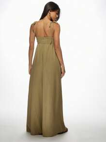 MISSGUIDED Ruched Bust Empire Waist Linen Maxi Dress Resort Vacation Sleeveless Summer Beach Evening Garden Party Wedding Guest Boho Sundress Christmas - Green - View 2