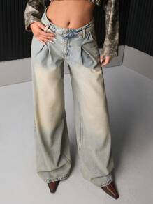 EURMUSE WOMEN LOW WAIST WIDE LEG JEANS DART DETAILED - Light Wash - View 5