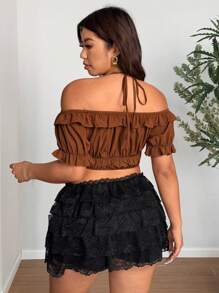 SHEIN LUNE Plus-Size Women's Bow V-Neck Sexy One-Shoulder New Year Top - Brown - View 5