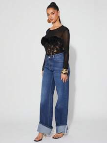 SHEIN Unity Bodysuit Spring Mesh And Lace Long Sleeve Cheeky Festival Summer Casualwear Thanksgiving Christmas NYE New Years Eve Outfits For Women - Black - View 6