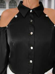 Calvaya Plus Size Casual Shiny Open Shoulder Button Accent Long Sleeve Blouse - Black - View 5