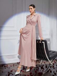 Modelyn Damen einfarbiges Kleid mit Hemdkragen, Langarm, schlicht, Lässig, elegant - Pink - Übersicht 3