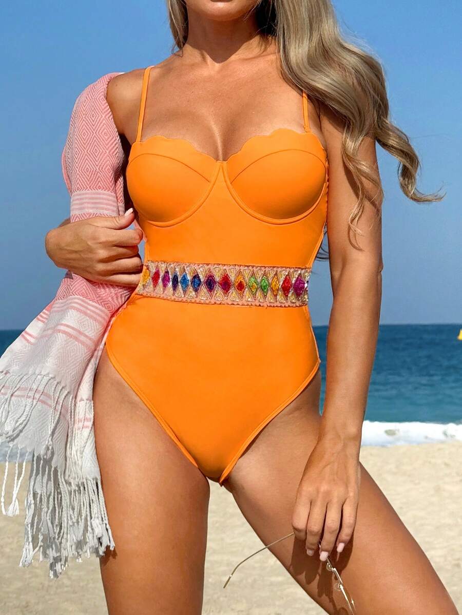 SHEIN Swim 1 件女式吊带钢圈贝壳罩杯聚拢连体泳衣，夏季海滩度假 - 橘色 - 查看 1