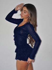 SHEIN ICON 1 套长袖透明前系带开衫和低腰多层蕾丝短裤 - 藏蓝色 - 查看 4