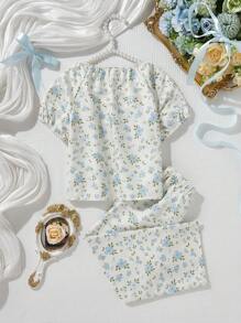 2 件小女孩休闲花卉印花套装，短袖上衣和裤子，舒适家居服套装 - 彩色 - 查看 2