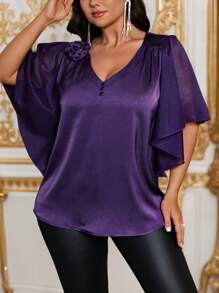 Allurite Women Plus Size 3D Flower Decor Pleated Loose Fit Half Sleeve Blouse