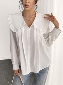 INAWLY Damen Bluse mit Peterchen Kragen, einfarbig, plissiert, lässiger Stil, Langarmtops