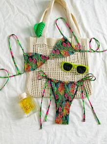 Swim Mod Springbreak Women Sexy Fashion Printed Cable Crafted Triangular Bikini Set For Summer Beach Vacation - Multicolor - View 1