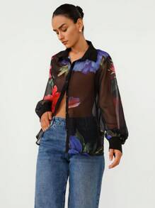 Aveloria Modichic 性感浪漫花卉印花纽扣式 V 领半透明雪纺长袖中长款女士衬衫