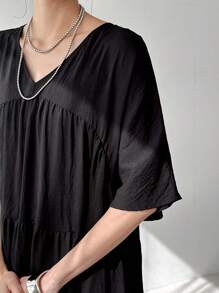 FRIFUL Women's Black Loose A-Line Dress, V-Neck Dolman Sleeve, For Summer,Ruffle