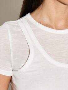 AiiRZ Double Layer Sheer Mesh Crop T-Shirt Summer Basic Layered Short Sleeve Casual Round Neck See Through Tee Fashion Streetwear Y2K Top - White - View 5