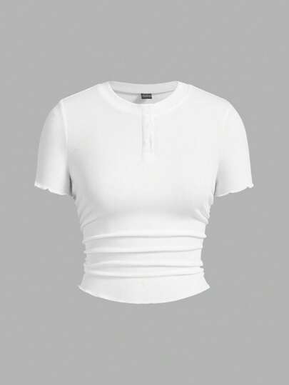 SHEIN BASICS 休闲纯色针织圆领半拉链套头短袖收腰女式 T 恤，修身款