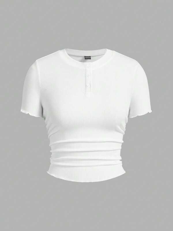 SHEIN BASICS 休闲纯色针织圆领半拉链套头短袖收腰女式 T 恤，修身款