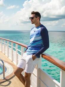 Manfinity Swimmode Men's Long Sleeve Swim Shirt: Blue Wave Print Rashguard For Beach And Surfing Men Swim Trunks - Blue - View 5