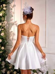 SHEIN Belle Elegant Romantic Dignified White Sequined Lace Satin Stitching Tube Dress, Deep V-Neck Rhinestone Button A-Line Dress, Suitable For Bachelorette Party, Vacation, Graduation Ceremony, Bridal Shower Dress, Wedding Dress, Little White Dress,Bride - White - View 2