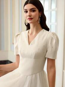 ZEYLAH Women's Rhinestone Decor V-Neck Puff Short Sleeve Elegant Midi Dress