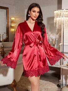 LuxeNights Embroidered Text Lace Trim Satin Sexy Women Robe