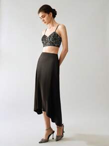 SHEIN LUNE 时尚女式高低侧拉链修身优雅半身裙 - 黑色 - 查看 5