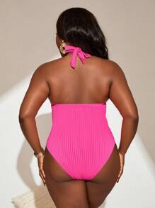 SHEIN Swim Curve Plus Size 1pc V-Neck Textured Fuchsia Pink Casual Simple One-Piece Swimsuit For Women, Summer Beach Vacation - Hot Pink - View 2