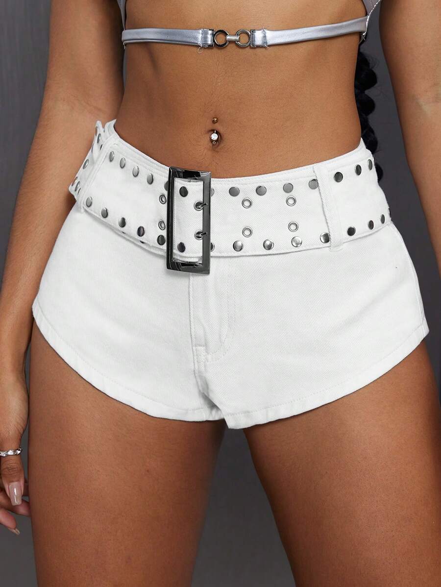 SHEIN ICON Women's Solid Color Simple Fashion Denim Shorts, Casual Everyday Wear - White - View 1