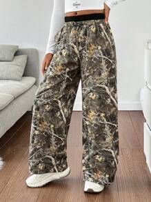 SHEIN Tween Girl Fashionable Woven Contrast Elastic Waisted Camouflage Print Wide Leg Pants