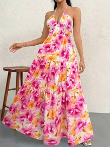 Firerie 全新 V 领分层水彩花卉印花露背系带连衣裙，海军蓝 - 藍色 - 查看 3