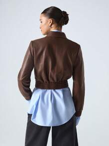 LYSMO Casual Vintage Textured Leather Cropped Jacket - Brown - View 2